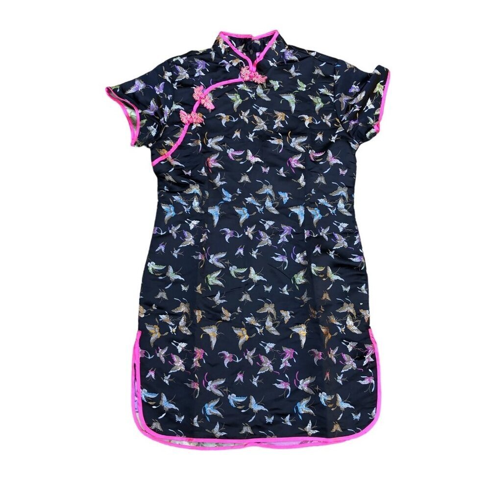 Chinese Oriental Qipao Dress MEDIUM Women's Butterfly Short Sleeve Black Pink​​